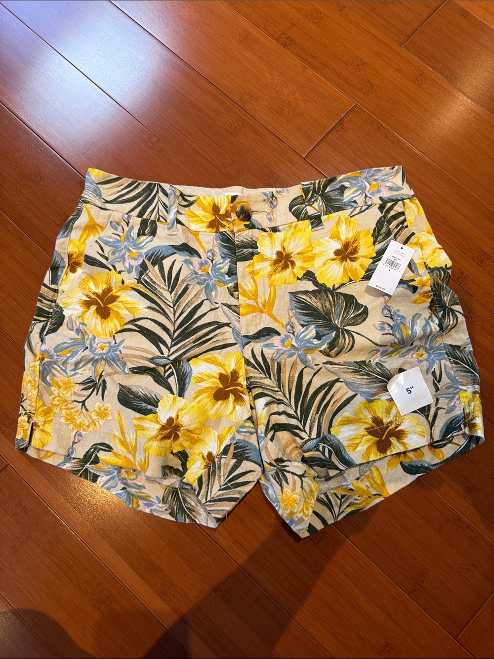 Tropical Floral Linen-Rayon Blend Women's Shorts - Yellow Floral 5” inseam